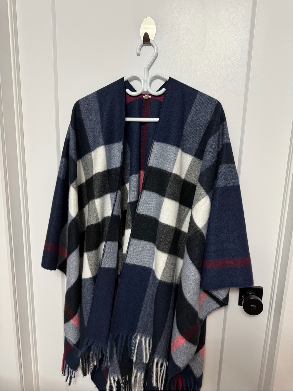 Plaid Fringe Open Cape in Navy and White